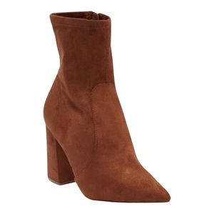 Steve Madden Hayes Point Toe Faux Suede Block Heel Stretchy Ankle Bootie Cognac